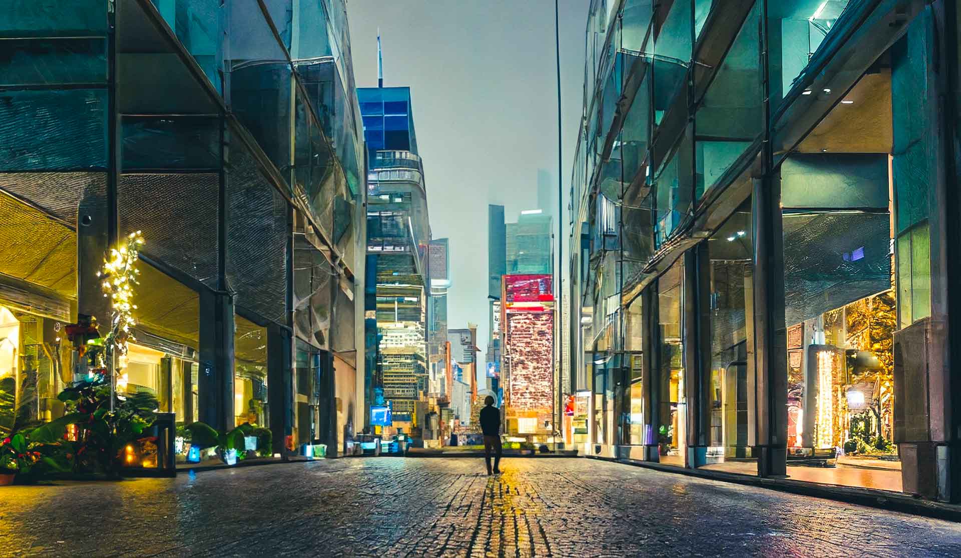 Illuminated city buildings and a pedestrian walkway at night